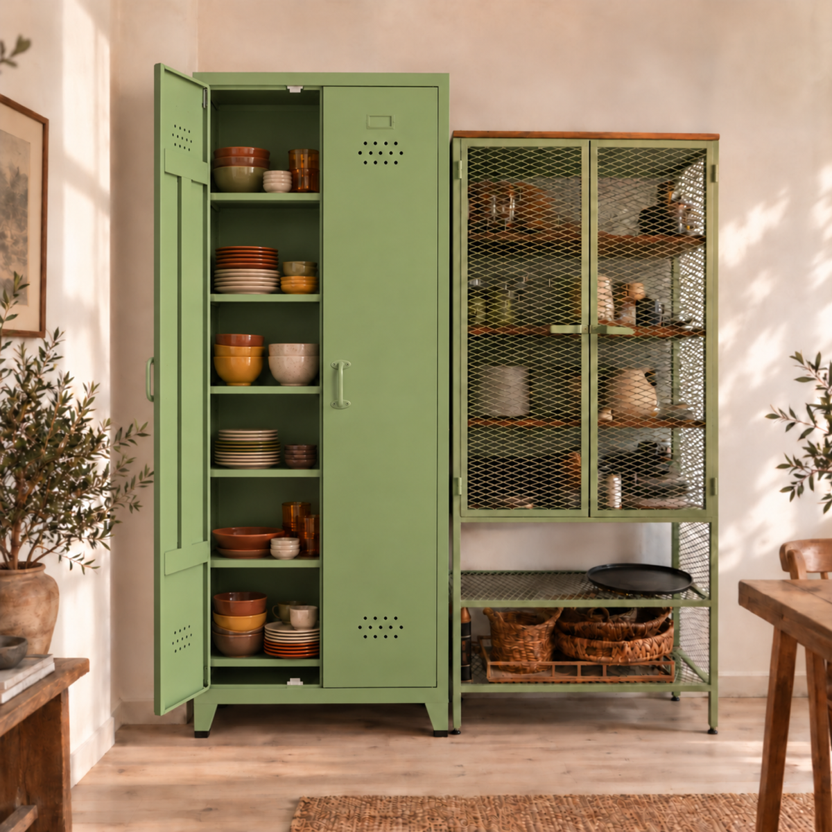 Pany Twiny Locker - Açık Yeşil - RAL 6021 - sol kapak açık - sonbahar kaseleri ve tabakları - stil kare 2048x2048 v3 - Pany Mini mat kulp v2 - açık kapak yandan kulp v3