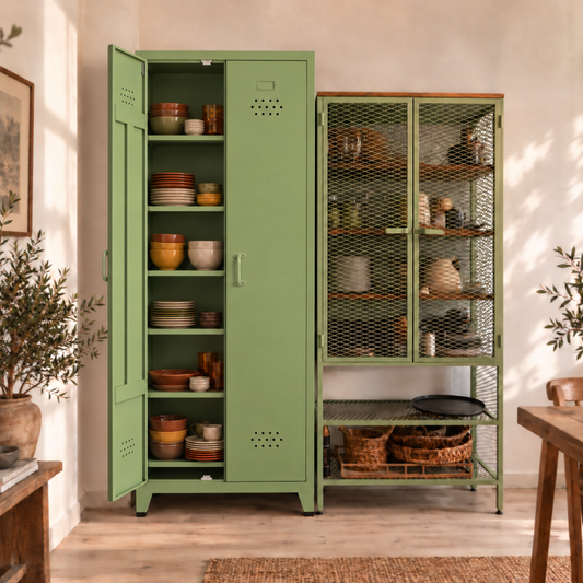 Pany Twiny Locker - Açık Yeşil - RAL 6021 - sol kapak açık - sonbahar kaseleri ve tabakları - stil kare 2048x2048 v3 - Pany Mini mat kulp v2 - açık kapak yandan kulp v3